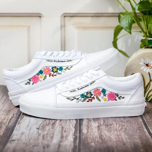 Custom Embroidered Wedding Vans, Couple’s Names Embroidered Vans Shoes, Flower Embroidered Sneaker Custom, Personalized Bridal Sneaker