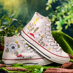 Embroidered Converse, Custom Converse Embroidered Flower and Mushroom Garden, Mushroom and Floral Embroidery Shoes for Women, Gift For Her