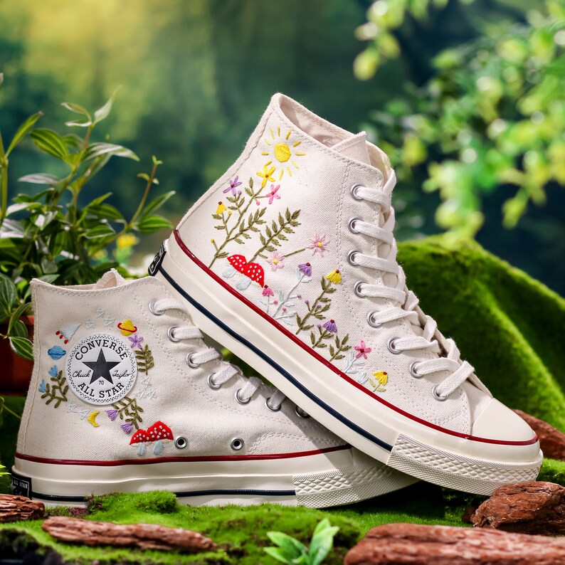 Embroidered Converse, Custom Converse Embroidered Flower and Mushroom Garden, Mushroom and Floral Embroidery Shoes for Women, Gift For Her