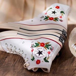 Christmas Embroidered Converse Shoes, Poinsettia Floral Design & Merry Christmas Embroidery Sneakers, Unique Holiday Gift Idea