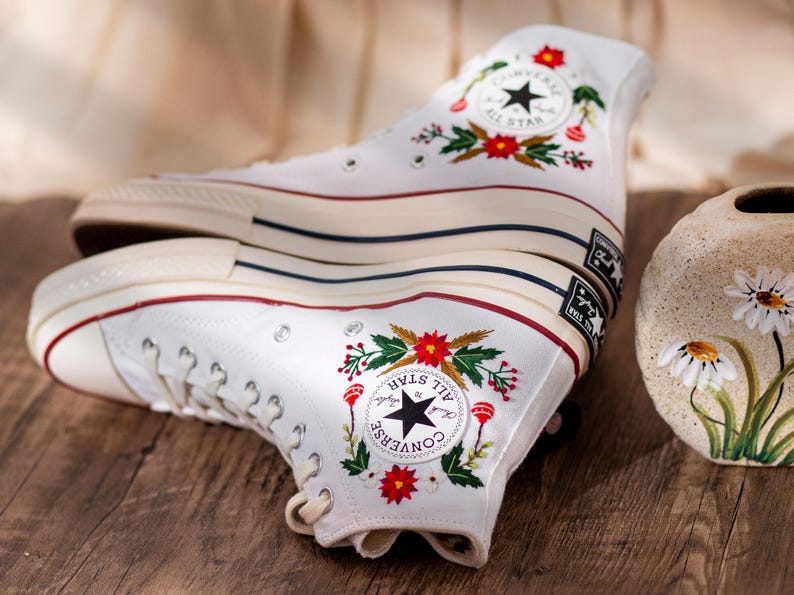 Christmas Embroidered Converse Shoes, Poinsettia Floral Design & Merry Christmas Embroidery Sneakers, Unique Holiday Gift Idea