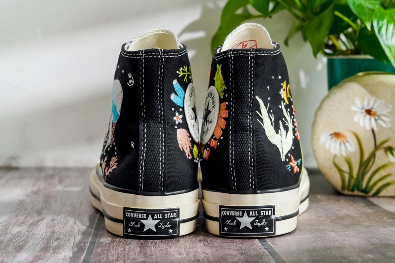 Custom Embroidered Converse High Tops, Shoes Embroidered With A Variety Of Colorful Sea Creatures, Jellyfish Embroidery, Gifts For Daughter