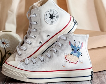 Custom Blue Alien Embroidered Converse High Tops, Converse Embroidery Book, Blue Alien Embroidered Shoes Custom,  Birthday Gifts for Her