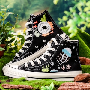 Custom Embroidered Converse High Tops, Shoes Embroidered With A Variety Of Colorful Sea Creatures, Jellyfish Embroidery, Gifts For Daughter