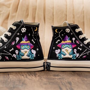 Frog Witch Embroidered Sneakers, Gothic Spooky Cute Converse Halloween Aesthetic
