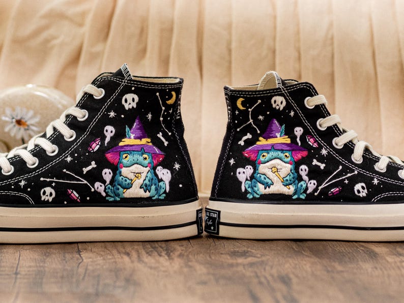 Frog Witch Embroidered Sneakers, Gothic Spooky Cute Converse Halloween Aesthetic