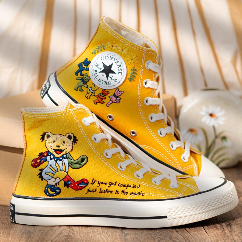 Custom Character Embroidered Converse High Tops, Funny Teddy Bear Embroidery Shoes Yellow, Personalized Embroidered Sneaker, Cute Gift Idea