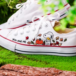 Handpainted Embroidered Converse Low Top, Converse Embroidery Cute Beagle Dog & Little Yellow Bird, Custom Animal Lovers’ Sneakers