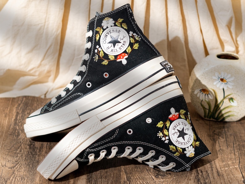 Unique Woodland Design Embroidered Converse, Custom Embroidered Sneakers High Top, Mushroom & Floral Embroidery Converse, Nature Lover Gift