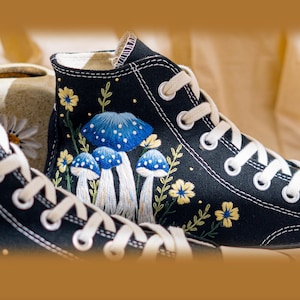 Mystical Embroidered Converse High Tops, Black Sneakers Embroidery With Blue Mushroom Embroidery & Floral, Unique Custom Shoes, Custom Gifts