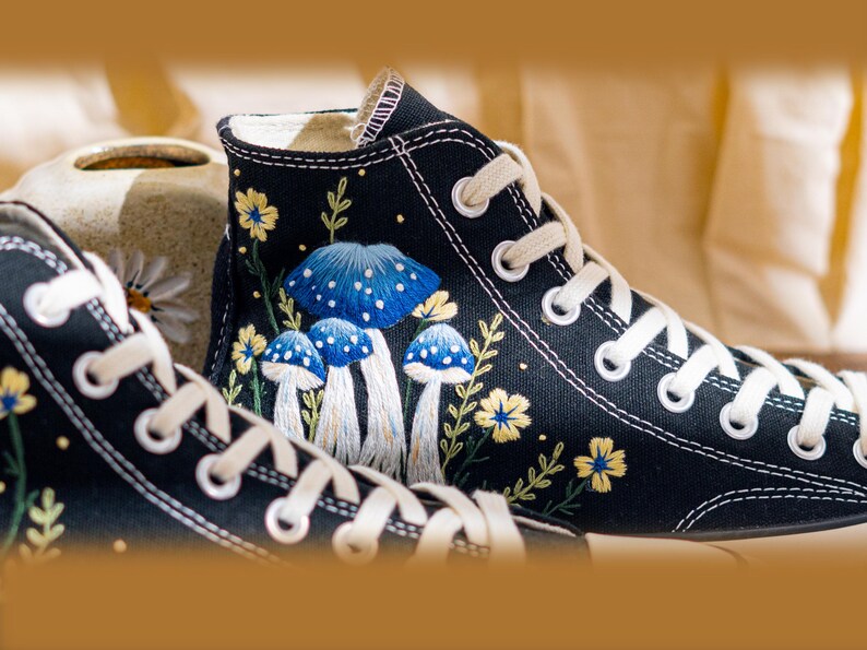 Mystical Embroidered Converse High Tops, Black Sneakers Embroidery With Blue Mushroom Embroidery & Floral, Unique Custom Shoes, Custom Gifts