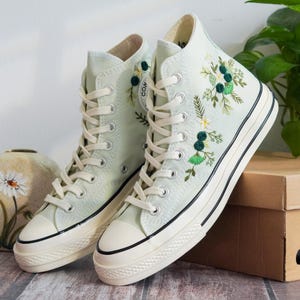 Custom Embroidered Converse Chuck Taylor, Green Flowers Embroidery Convese Shoes, Flower Wedding Embroidered Shoes, Gift for Her