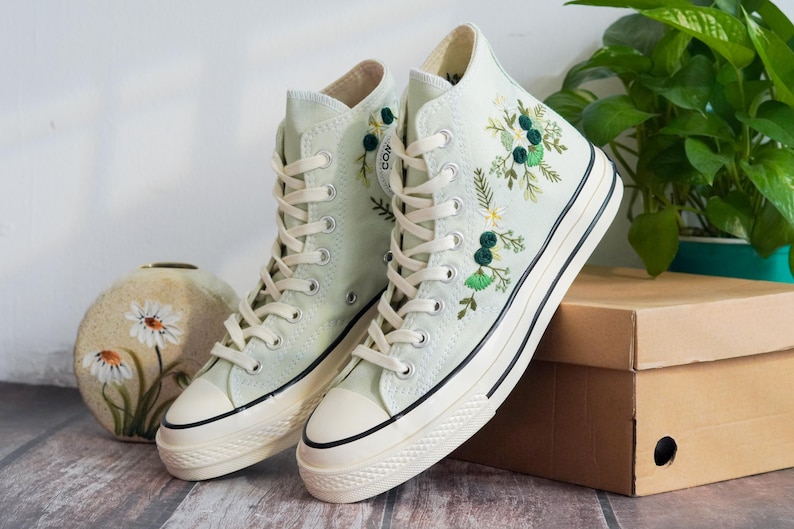 Custom Embroidered Converse Chuck Taylor, Green Flowers Embroidery Convese Shoes, Flower Wedding Embroidered Shoes, Gift for Her