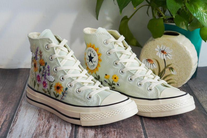 Custom Converse Chuck Taylor Embroidered Garden Flowers, Sunflower Embroidered Converse, Garden Sunflowers Embroidered Sneaker, Gift For Her