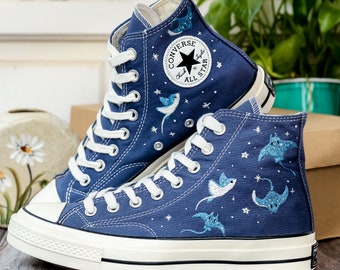 Custom Embroidered Converse High Tops, Custom Converse Chuck Taylor 1970s Manta Ray Embroidered, Ocean Embroidered Shoes Custom, Ocean Gifts
