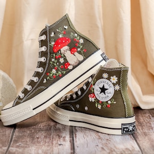 Mushrooms Embroidered Converse High Tops Custom, Strawberry, Mushrooms Embroidered Shoes, Sneakers Embroidery Mushroom, Strawberry for Women