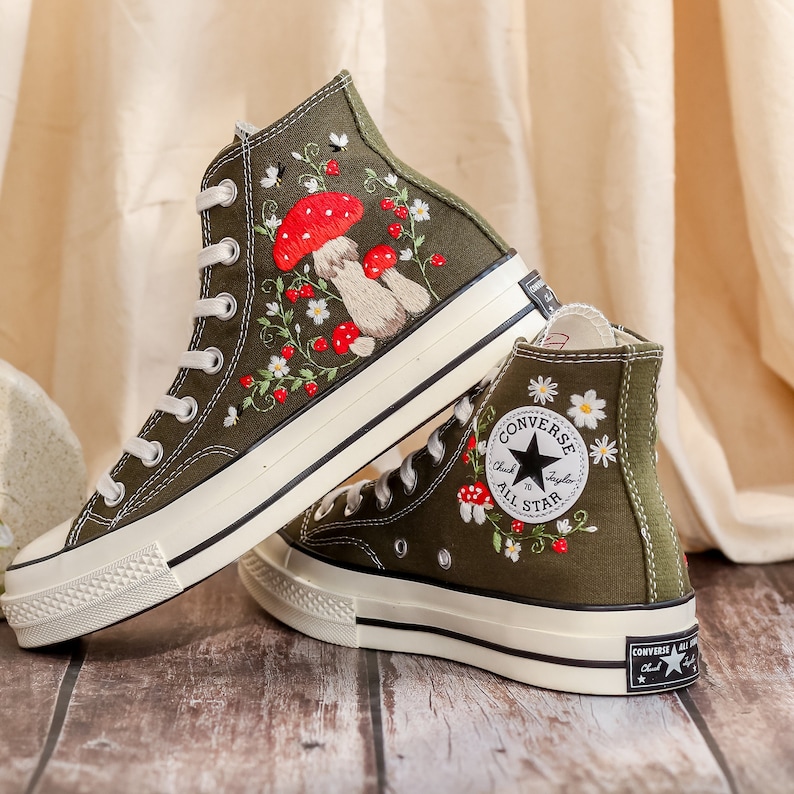 Mushrooms Embroidered Converse High Tops Custom, Strawberry, Mushrooms Embroidered Shoes, Sneakers Embroidery Mushroom, Strawberry for Women