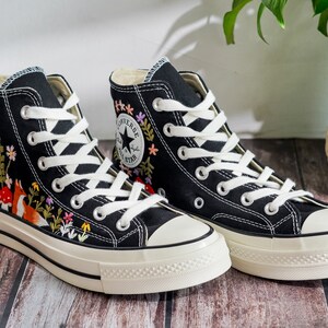 Embroidered Converse, Mushroom and Fox Embroidered Shoes Custom, Embroidered Converse High Tops Pet Mushroom and Sweet Sunflower Garden