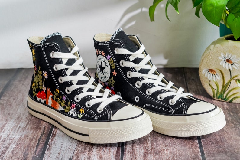 Embroidered Converse, Mushroom and Fox Embroidered Shoes Custom, Embroidered Converse High Tops Pet Mushroom and Sweet Sunflower Garden