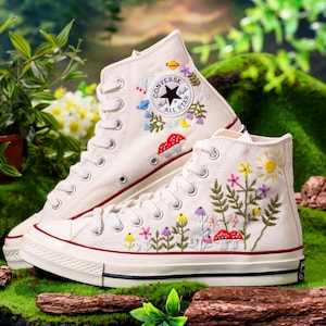 Custom Embroidered Converse High Tops, Graden Flower and Mushroom Embroidered Shoes, Floral Embroidered Sneakers Custom, Gift for Her