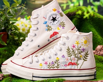Custom Embroidered Converse High Tops, Graden Flower and Mushroom Embroidered Shoes, Floral Embroidered Sneakers Custom, Gift for Her