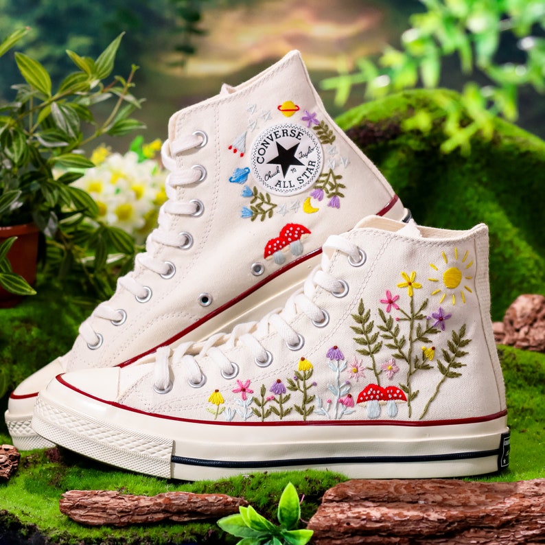 Custom Embroidered Converse High Tops, Graden Flower and Mushroom Embroidered Shoes, Floral Embroidered Sneakers Custom, Gift for Her
