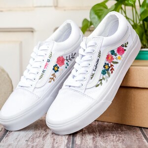 Custom Embroidered Wedding Vans, Couple’s Names Embroidered Vans Shoes, Flower Embroidered Sneaker Custom, Personalized Bridal Sneaker