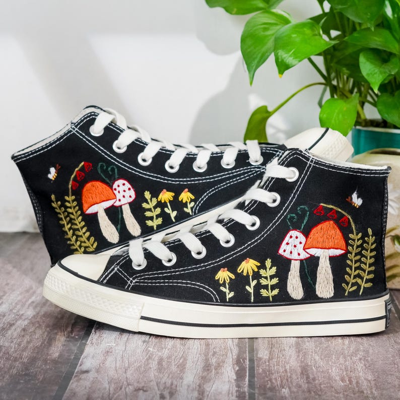 Embroidered Converse Mushroom, Butterfly, Converse Embroidery Mushroom, Custom Shoes Embroidered Butterfly, Mushrooms Sneakers, Gift for Her
