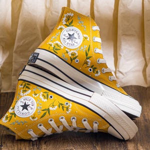 Handmade Embroidered Converse High Tops, Yellow Converse Embroidery Wildflower, Custom Floral Embroidered Sneakers, Bride Shoes, Women Gift