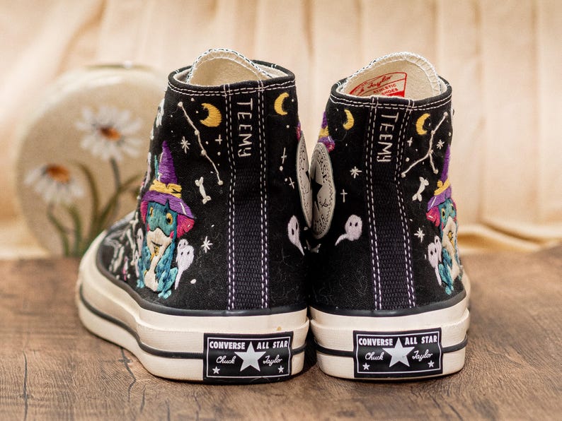 Frog Witch Embroidered Sneakers, Gothic Spooky Cute Converse Halloween Aesthetic