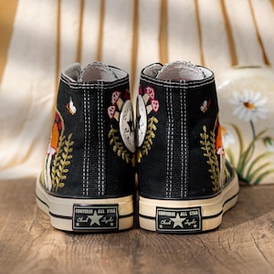 Customized Converse Shoes Embroidery Mushroom, Black High Top Sneakers Embroidered Floral Design, Vintage Embroidery Converse, Handmade Gift