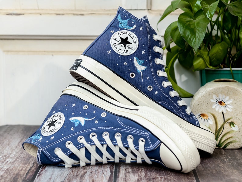 Custom Embroidered Converse High Tops, Custom Converse Chuck Taylor 1970s Manta Ray Embroidered, Ocean Embroidered Shoes Custom, Ocean Gifts
