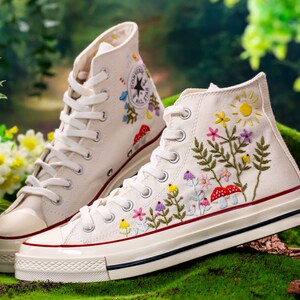 Custom Embroidered Converse High Tops, Graden Flower and Mushroom Embroidered Shoes, Floral Embroidered Sneakers Custom, Gift for Her