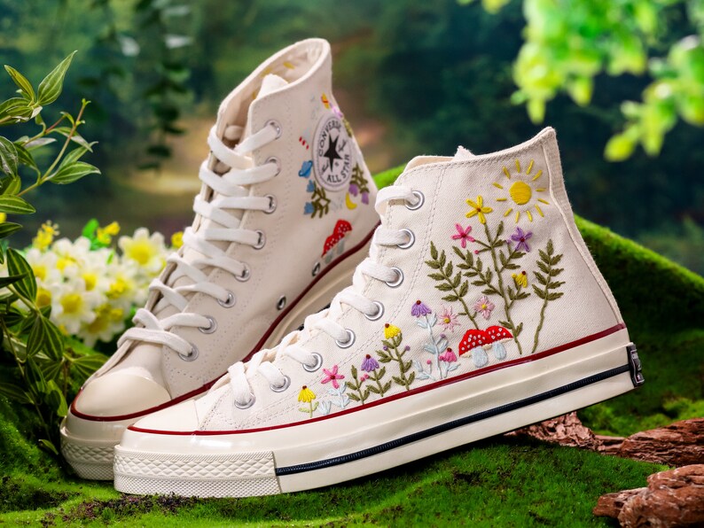Custom Embroidered Converse High Tops, Graden Flower and Mushroom Embroidered Shoes, Floral Embroidered Sneakers Custom, Gift for Her