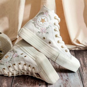 Custom Wedding Platform Shoes,Bridal Flowers Embroidered Sneakers for Bride,Embroidered Wedding Reception Shoes,Personalized Bridal Sneaker