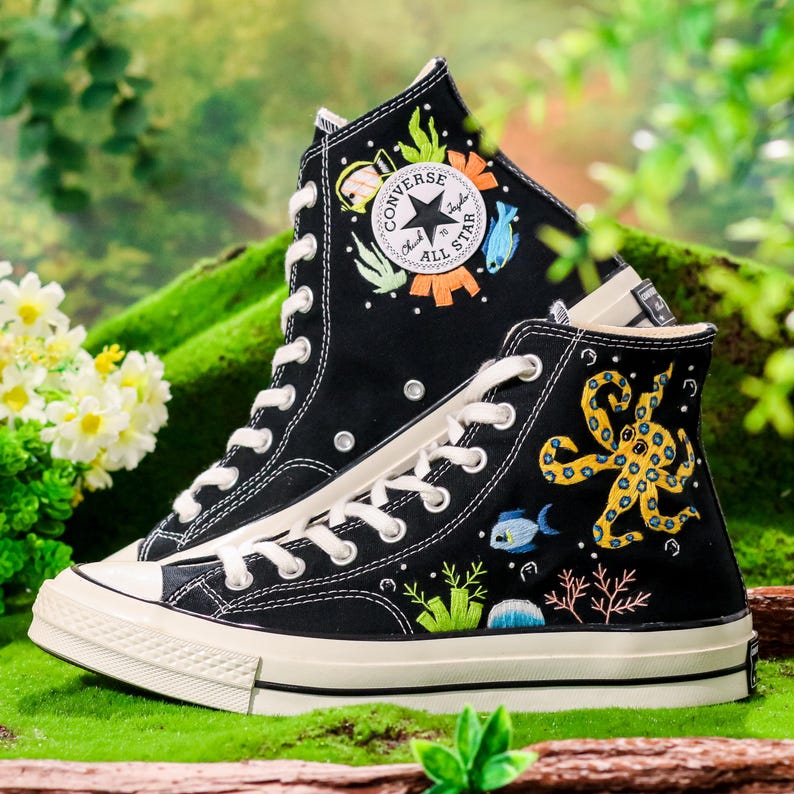 Embroidered Converse Ocean, Octopus Embroidered Shoes Custom, Converse Embroidery Turtle and Octopus, Ocean Embroidered Sneaker, Diver Gifts