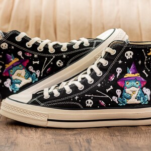 Frog Witch Embroidered Sneakers, Gothic Spooky Cute Converse Halloween Aesthetic