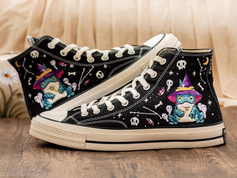 Frog Witch Embroidered Sneakers, Gothic Spooky Cute Converse Halloween Aesthetic