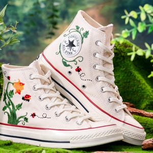 Custom Converse Embroidery, Trumpet Creeper Flower Embroidered Converse, Trumpet Vine and Ladybug Embroidered Shoes Custom , Gift for Her