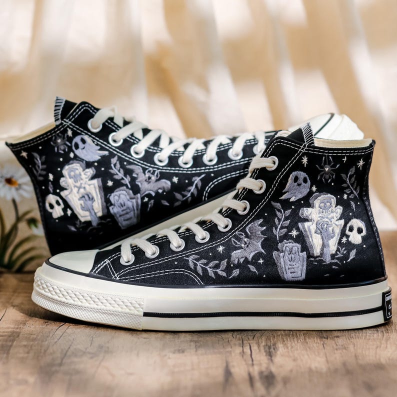 Embroidered Converse, Ghost Embroidered Converse Shoes Custom , Black Converse Embroidery Skull and Bat, Ghost Embroidered Sneakers for Men