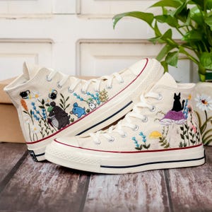 Mushroom and Black Cat Embroidered Converse, Custom Halloween Embroidered Sneakers,Pet Embroidered Shoes, Hand Embroidered Gift for Her