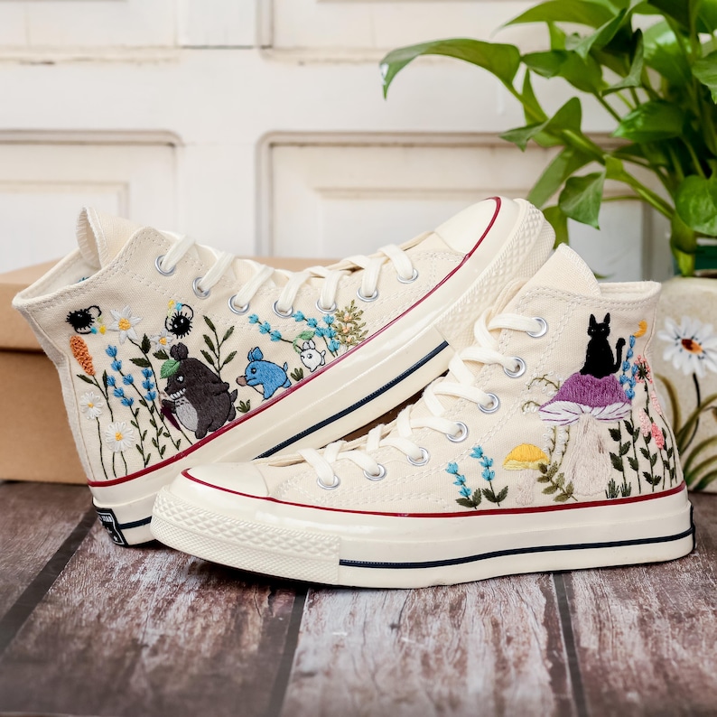 Mushroom and Black Cat Embroidered Converse, Custom Halloween Embroidered Sneakers,Pet Embroidered Shoes, Hand Embroidered Gift for Her