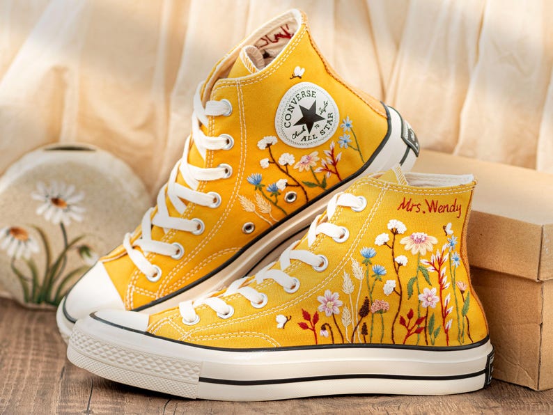 Custom Embroidered Converse: Garden Flower & Name Design