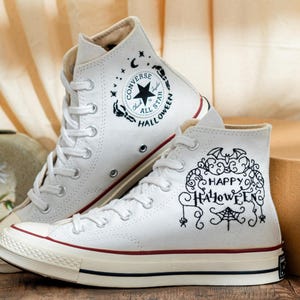 Custom Halloween Embroidered Converse Chuck Taylor High Tops, Converse Embroidery Dancing Skeletons & Spooky, Custom Sneaker, Halloween Gift