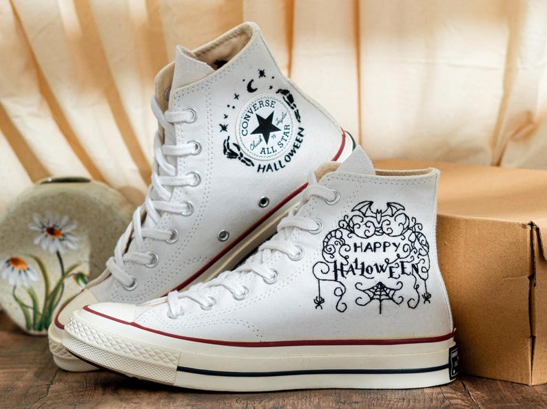 Custom Halloween Embroidered Converse Chuck Taylor High Tops, Converse Embroidery Dancing Skeletons & Spooky, Custom Sneaker, Halloween Gift