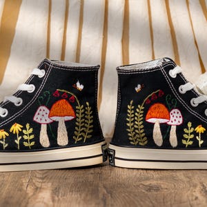 Customized Converse Shoes Embroidery Mushroom, Black High Top Sneakers Embroidered Floral Design, Vintage Embroidery Converse, Handmade Gift