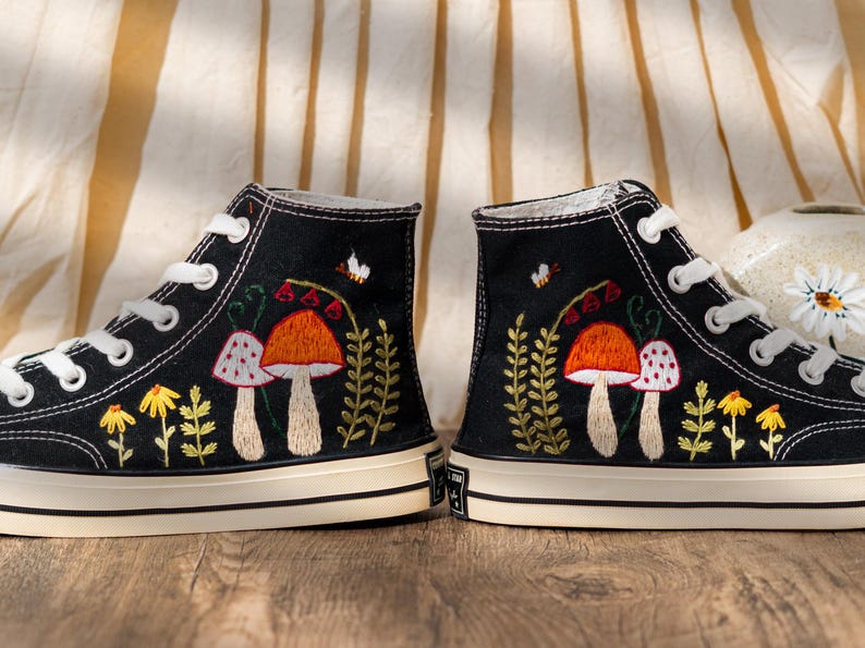 Customized Converse Shoes Embroidery Mushroom, Black High Top Sneakers Embroidered Floral Design, Vintage Embroidery Converse, Handmade Gift