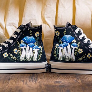 Mystical Embroidered Converse High Tops, Black Sneakers Embroidery With Blue Mushroom Embroidery & Floral, Unique Custom Shoes, Custom Gifts