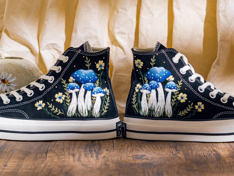 Mystical Embroidered Converse High Tops, Black Sneakers Embroidery With Blue Mushroom Embroidery & Floral, Unique Custom Shoes, Custom Gifts