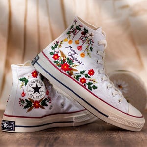 Christmas Embroidered Converse Shoes, Poinsettia Floral Design & Merry Christmas Embroidery Sneakers, Unique Holiday Gift Idea